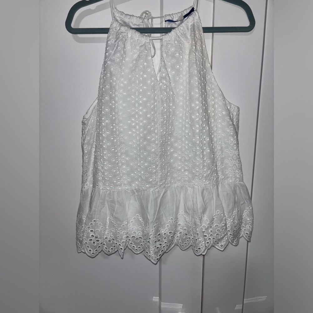 Francesca’s White Eyelet Ruffle Detail Tie Closure Blouse